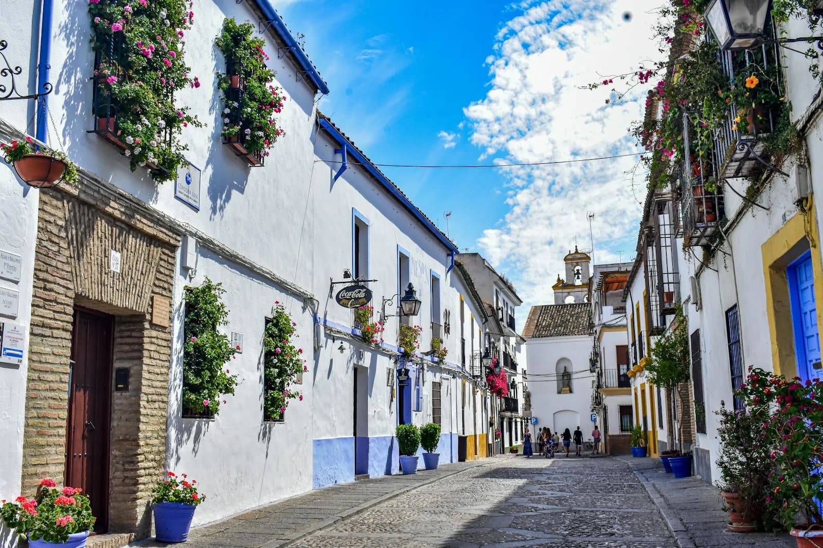 Smal steegje met bloempotten en witte muren in de oude stad van Córdoba
